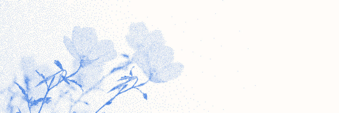 Blue cyanotype cosmea botanical background. Stipple dot overlay texture with flower and twig silhouette. Delicate indigo blue nature banner for template and graphic design project.