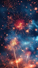 Fototapeta premium vibrant fireworks bursting in a smoky night sky with golden sparks, colorful bursts and glowing bokeh conveying festive awe and celebration