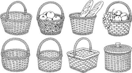 Obraz premium Hand drawn vintage wicker basket collection featuring various woven picnic hampers with handles, bread baguettes, apples, grapes, and lidded storage containers on white background.