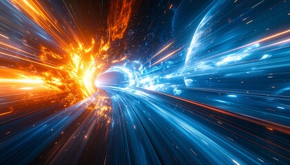 Obraz premium Abstract digital art of a cosmic tunnel with vibrant colors and energy.