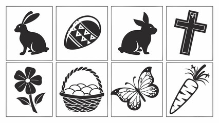 Easter icon rabbit egg cross basket butterfly carrot set, black silhouette collection with flower and spring symbols, simple outline style for holiday design