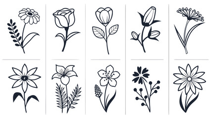 Flower icon outline line art vector botanical minimal set featuring simple black floral doodle, elegant spring bloom illustration, isolated on white for logo, sticker, card