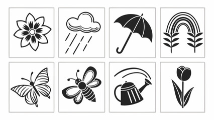 Spring icon flower rain umbrella rainbow butterfly bee set of black and white outline symbol for seasonal weather and garden theme, simple vector style for web, app, sticker, print