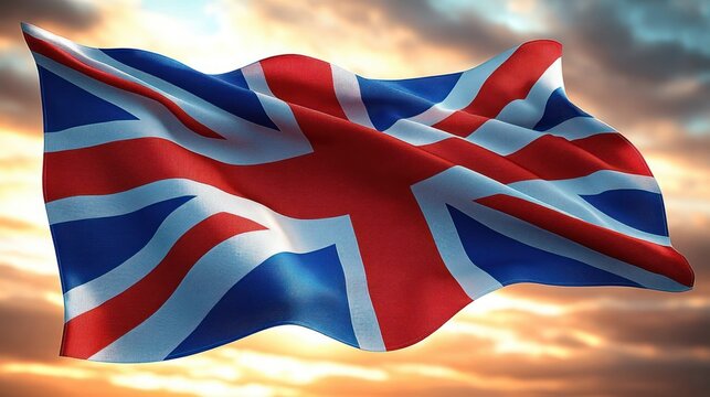 red, white and blue national flag with crossed stripes waving over a dramatic sunset sky, evoking pride and triumph