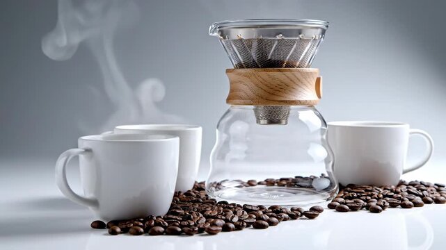 Glass coffee dripper with wooden handle, surrounded by beans and mugs on a white surface with rising steam