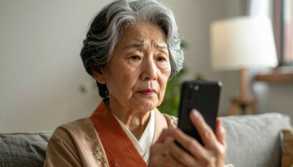 スマホを操作するシニア女性,困った顔