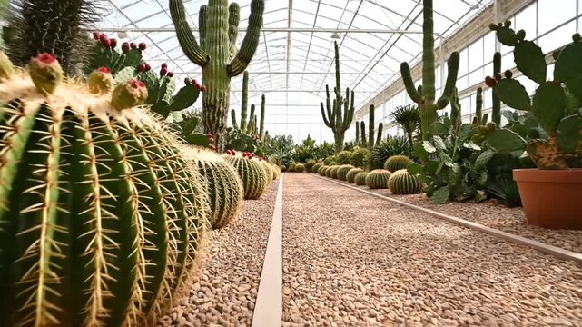 A greenhouse showcases various cacti species lining a pebble pathway under a glass ceiling