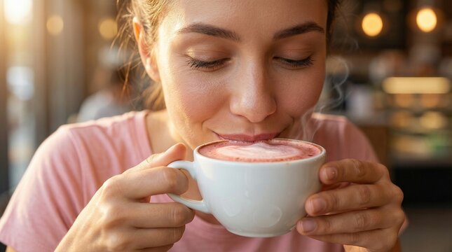 Close Up Woman Drinking Hot Rose Cappuccino in White Cup Cozy Morning