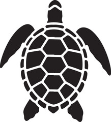 Obraz premium Black silhouette of a sea turtle with a patterned shell, isolated on a white background. Vector illustration for nature, ocean life, or beach themes.