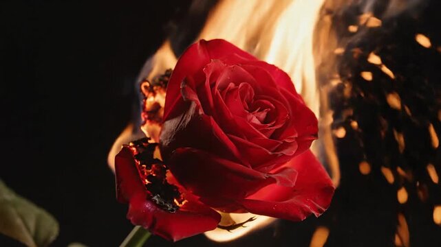Red rose engulfed in flames, with a dark background creating a dramatic contrast