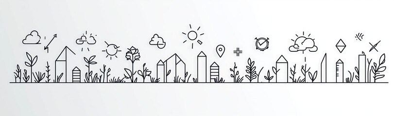 Obraz premium minimal linear city skyline with geometric buildings, growing plants and sprouts, sun, clouds and small icons conveying a calm playful eco-friendly mood