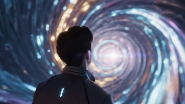 Man gazes at swirling light vortex, wearing dark jacket with a light stripe on his back, in profile view