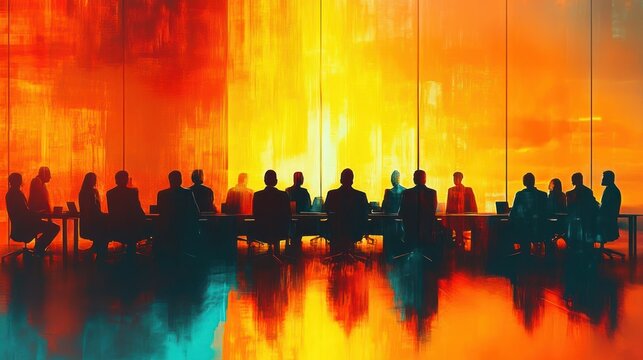 Silhouetted figures seated around a long conference table with chairs and reflective floor before a blazing orange-yellow glass wall, tense dramatic high-stakes meeting atmosphere