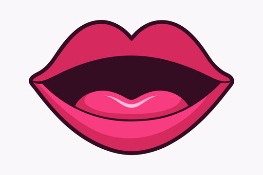 Glossy Cartoon Pink Lips Icon Pop Art Style Vector Illustration Isolated on White.