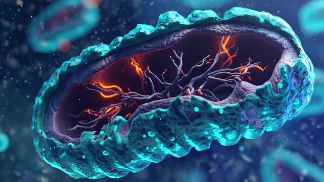 Video of mitochondria showing cellular energy depletion, detailed organelle structure, damaged ATP production visualization, turquoise and blue gradient color scheme