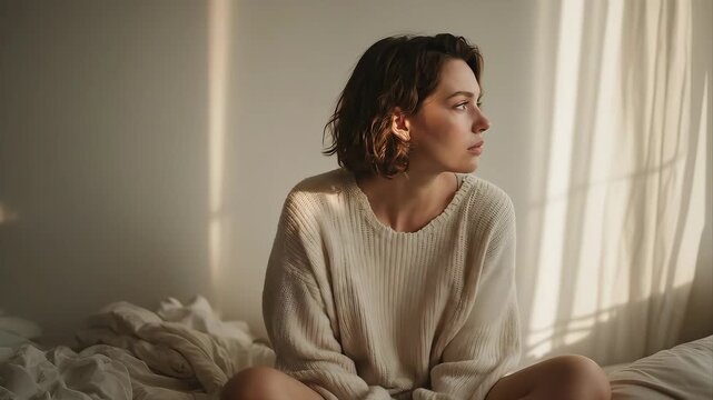 A young adult sitting on the edge of a bed in soft morning light, shoulders slumped, eyes tired but awake, minimal bedroom interior, natural skin texture