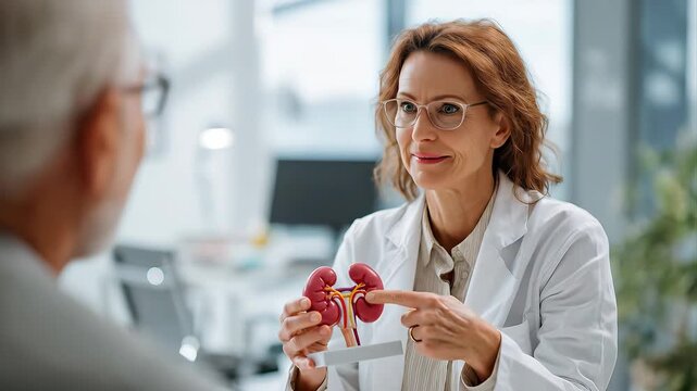 Video of compassionate female doctor in white coat showing kidney anatomy model to middle-aged patient in modern bright medical office, soft natural window lighting