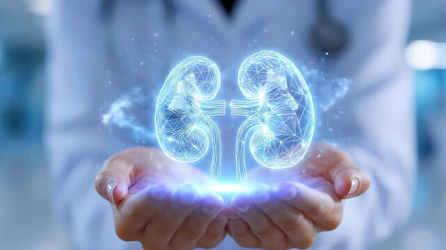 Medical doctor holding a glowing 3D hologram of human kidneys above open hands, modern hospital environment, soft blue medical lighting, shallow depth of field