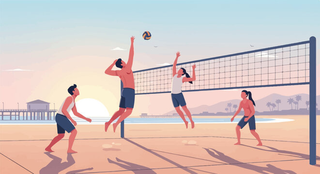 Beach volleyball game at sunset with pier and palm trees in background