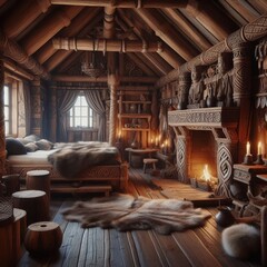 Viking Longhouse BedroomRoughhewn wood heavy furs intricate carv