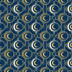 Fototapeta premium Seamless pattern with crescent moons and geometric lines on a dark blue background. EPS Editable