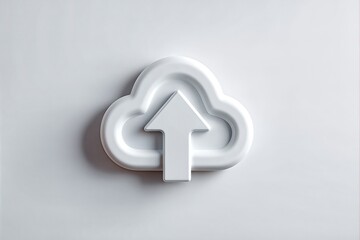 Cloud icon with upward arrow in sleek white, minimalist design on light uniform background, symbolizing data upload to cloud storage for tech and digital services enthusiasts