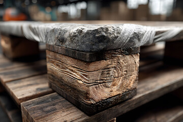 Obraz premium Close-up of a rustic wooden pallet table featuring a textured stone top. the image highlights the natural wood grain and rough stone surface, creating a perfect blend for industrial or rustic interior
