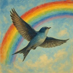 A bird flying through a rainbow Symbolizes hope and the freedom