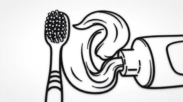 A monochrome illustration of oral hygiene featuring a toothbrush, toothpaste, and tube
