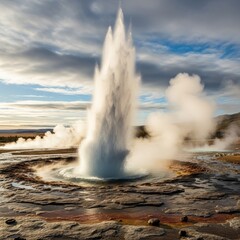 A geyser erupting forcefully in a geothermal area