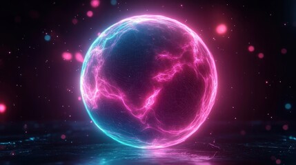 Obraz premium Futuristic glowing neon globe with pink and cyan electric veins, wireframe grid and floating particles above a reflective surface, evoking mystery and energetic wonder