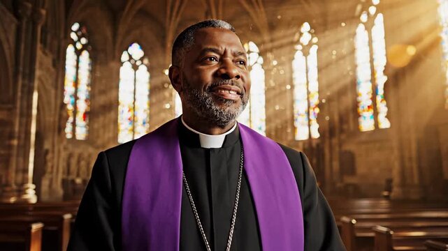 Man in clergy attire stands in a sunlit cathedral, gazing forward with a gentle smile