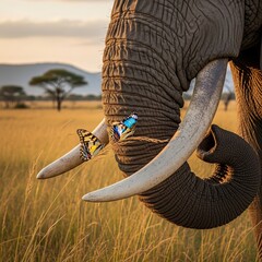 An elephant gently poking a colorful butterfly with its trunk se