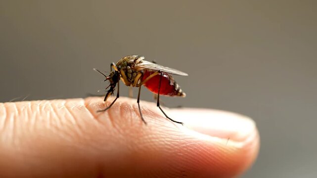 A close-up shot of a mosquito on a human finger, showing details of its anatomy and blood