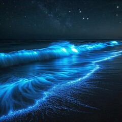 Bioluminescent plankton illuminating the waves