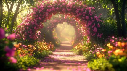 sunlit garden pathway lined with rose-covered arches and colorful flower beds, petals scattered on the path, serene and romantic