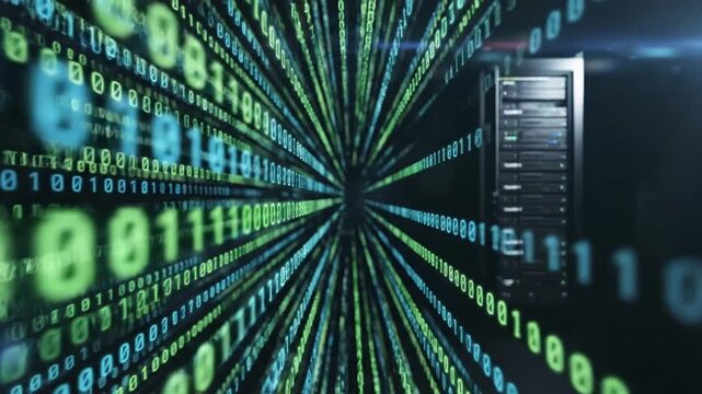 Futuristic abstract digital data stream with binary code moving towards a server rack in a dark data center environment
