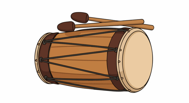 Side view of traditional Ramadan bedug drum with wooden texture and sticks.