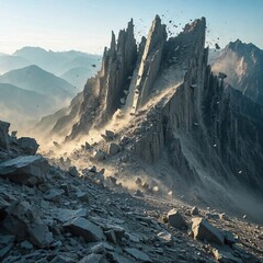 Disintegrating Mountains A photograph of a mountain range with c