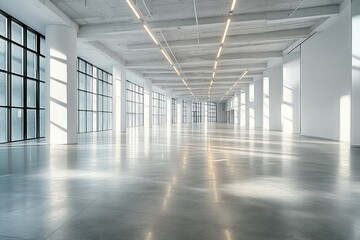 Bright empty industrial loft with polished concrete floor, tall grid windows, white columns, exposed ceiling beams and linear lights, serene airy open space