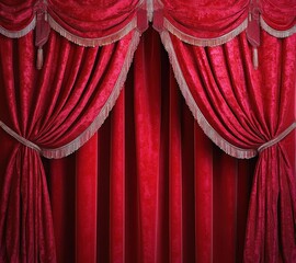 Luxurious red velvet theater curtains with gold fringe and tassel tiebacks, heavy folds and drapery evoking dramatic anticipation and elegant theatrical atmosphere