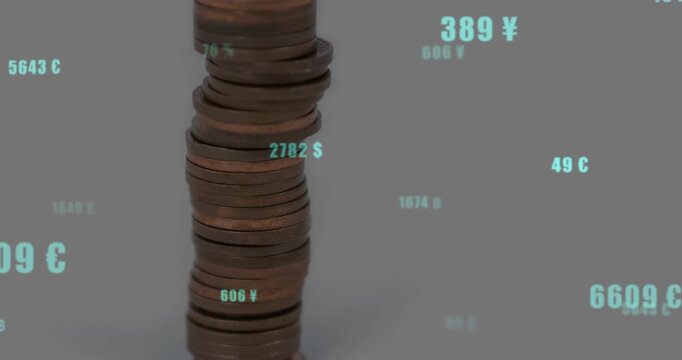 On price update copper coin stack shifting while cyan values appearing, moving, showing rates