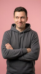 Portrait Of A Confident Man In Grey Hoodie Over Pink Background