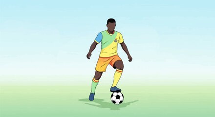 Obraz premium Athletic player with a soccer ball on a field under a sky