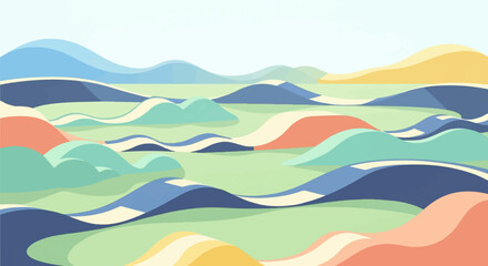 Obraz premium Abstract rolling hills rendered in soft pastel geometric shapes against a pale sky