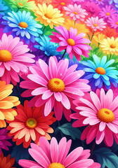 Fototapeta premium Colorful blooming flowers in vibrant hues of pink, blue, and yellow 