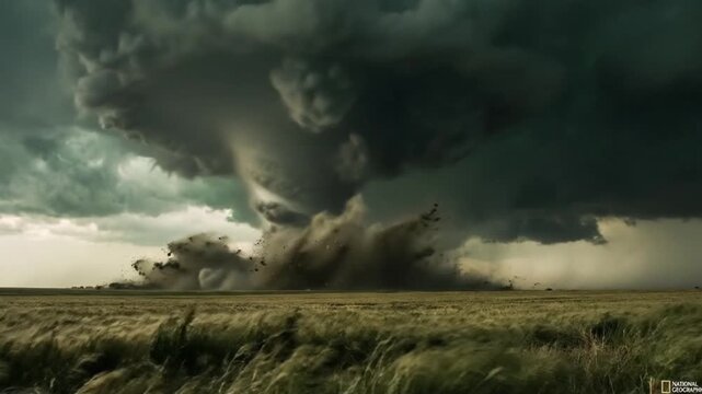Powerful Tornado ripping through a dry grassy field, kicking up a massive debris cloud