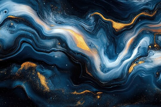 swirling navy and white marble with shimmering gold flecks and flowing veins, a serene yet dynamic cosmic liquid motion