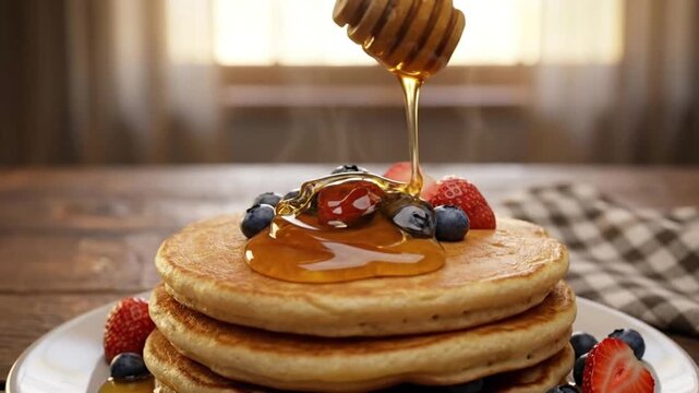 Delicious stack of fluffy pancakes drizzled with golden honey and fresh berries, perfect for a delightful breakfast or brunch treat