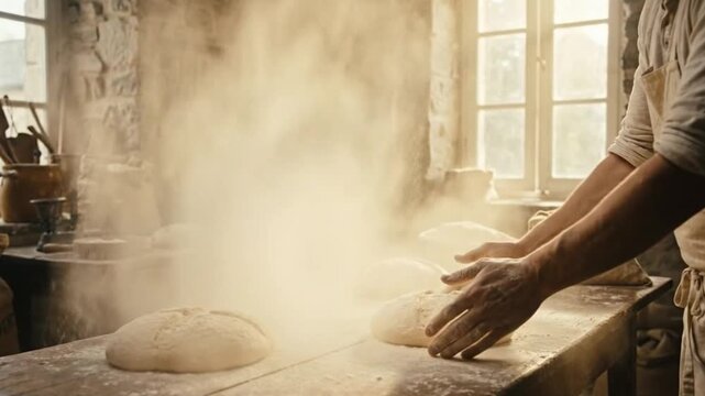 Baker skillfully prepares loaves of fresh bread on a dusty wooden counter, illuminated by natural light
